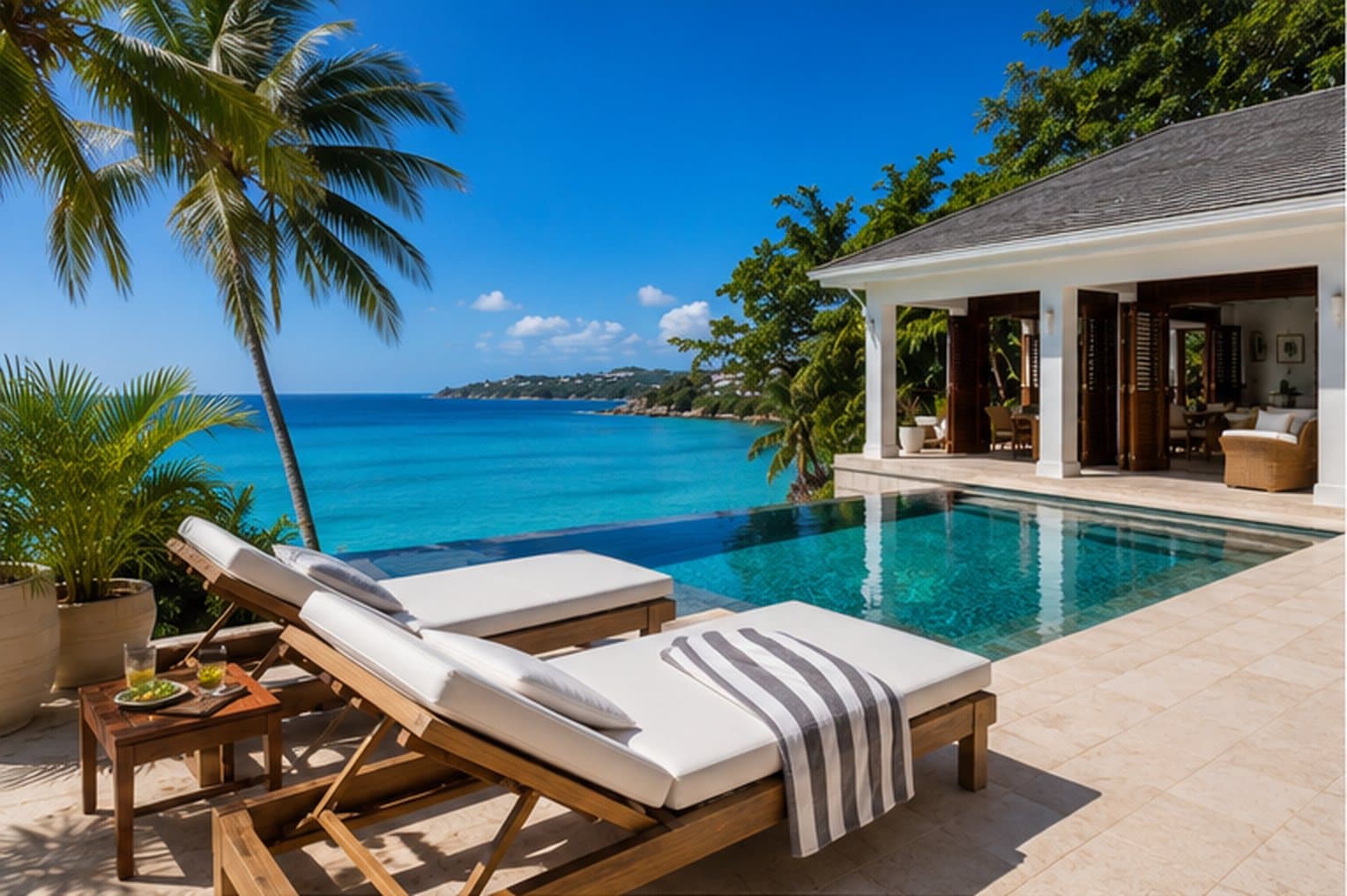 Bacolet Beach House — pool and verandah looking out over the bay
